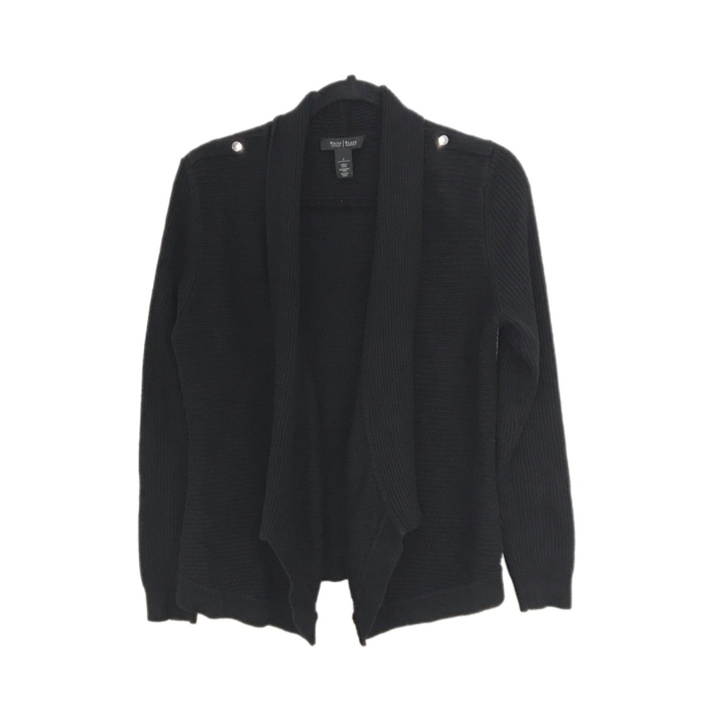 White House Black Market Sweater Women L Black Cardigan Open Front Wool Cotton